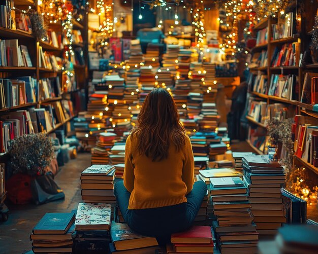 Photo a scholar finds peace in a cozy bookstore surrounded by towering stacks of books a haven for