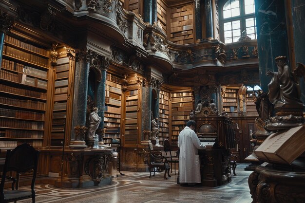 Photo scholar pondering in grand library