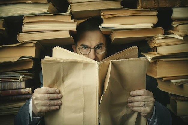 Photo a scholar surrounded by towering stacks of books and papers