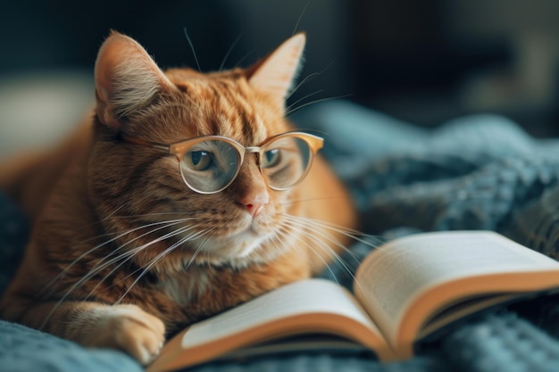 Scholarly cat with glasses reading a book