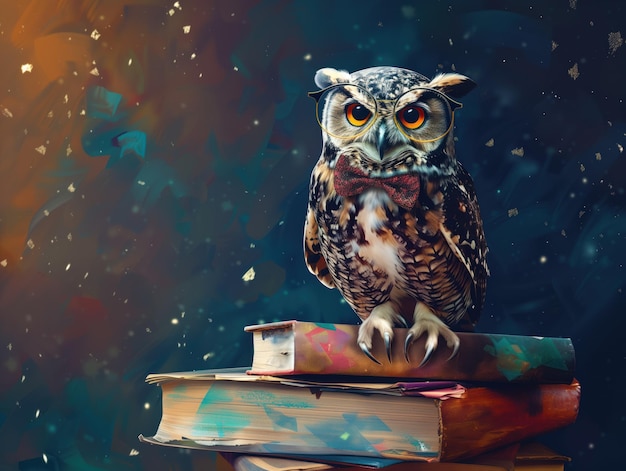 Scholarly Owl39s Enchanted Evening A captivating image of an owl with intense wise eyes perched atop a stack of books wearing a bow tie against a mystical starry night backdrop with floating pages