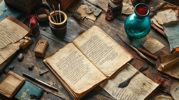 Scholars Desk A Flat Lay of Ancient Writing Tools and Manuscripts