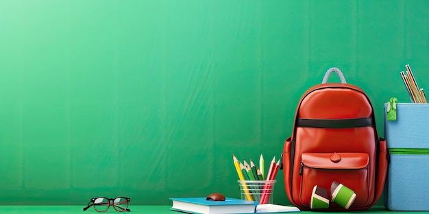 School accessories with school bag on green background