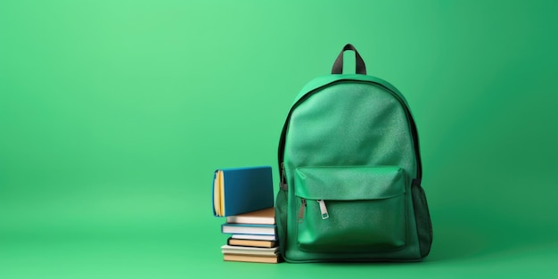 School accessories with school bag on green background