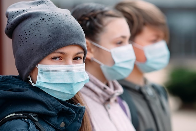 School-age children in medical masks. portrait of school children.