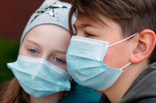 School-age children in medical masks. portrait of school children.