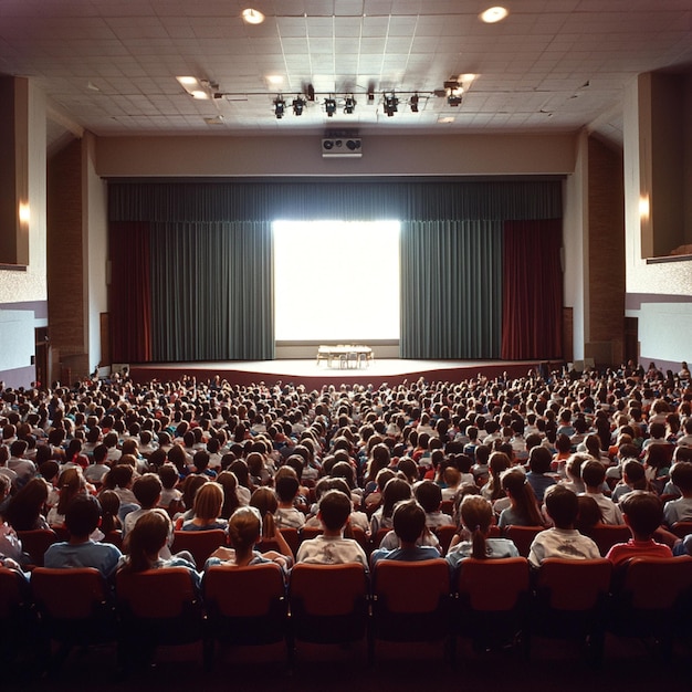 A school auditorium with students attending a performance or assembly