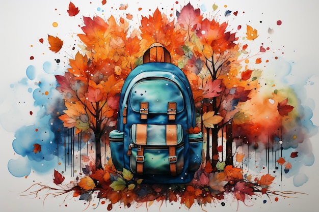 School backpack on a background of autumn forest Watercolor illustration Back to school concept