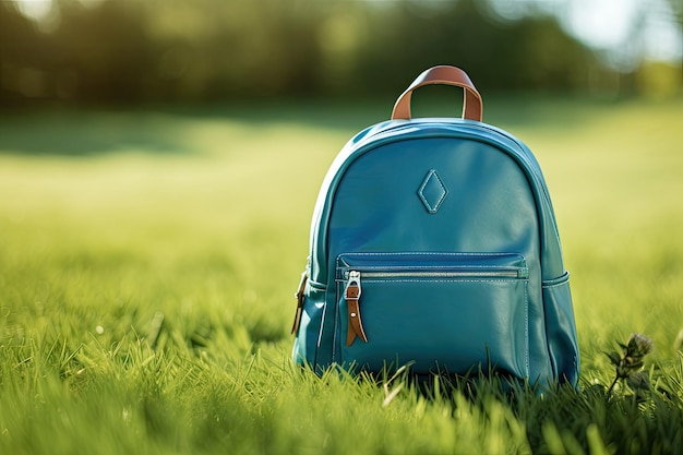 School backpack on grass