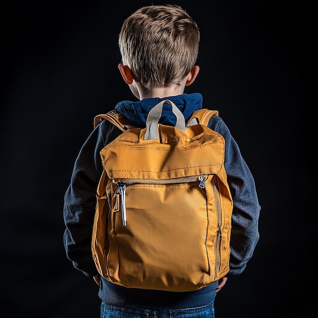 Photo school backpack on a kids back against a black background