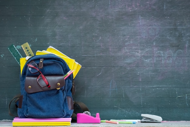 School backpack and school supplies with chalkboard background.