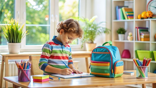 school backpack and stationery in a bright room Preparing for school Back to school