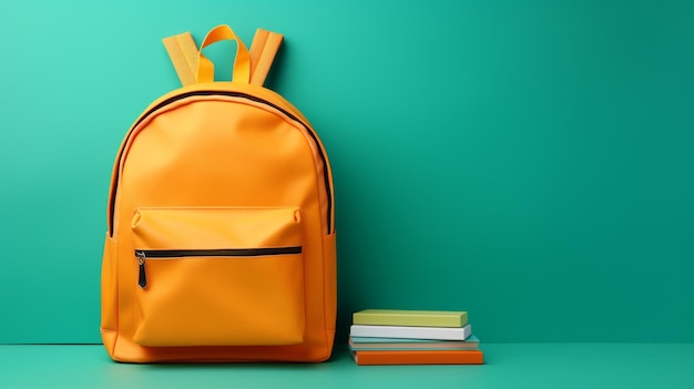 School backpack and stationery on color background