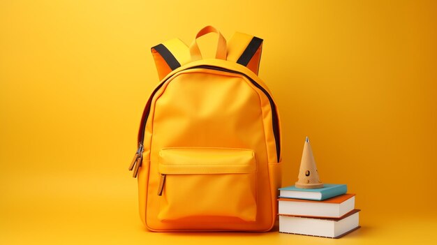 School backpack and stationery on color background