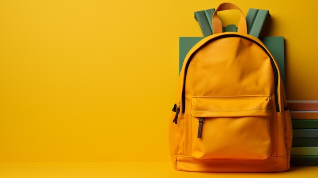 School backpack and stationery on color background