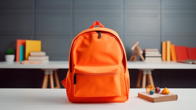 School backpack with school supplies on table against blurred background Generative AI