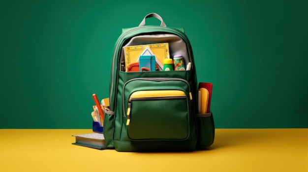 School backpack with stationery on a green backgroundAI generated image