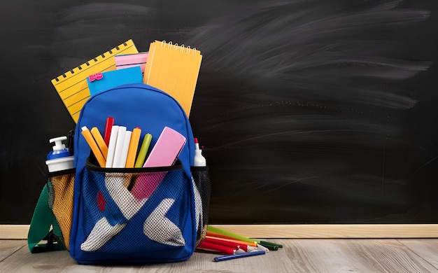 School bag Backpack with supplies for school on the background of black blackboard