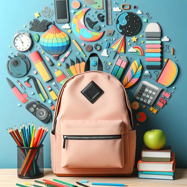 A school bag and learning supplies including notebooks and pencils