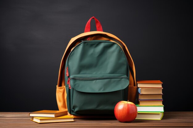 School bag and textbooks in front of a blackboard on a school desk Back to school concept