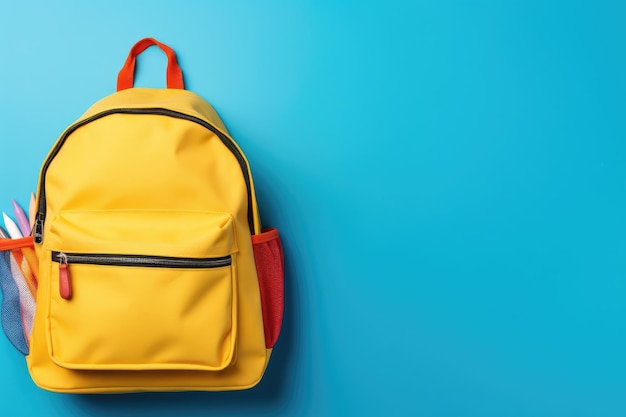 School bag and textbooks in front of a blue background Back to school concept