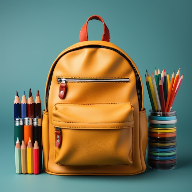 School bag and textbooks in front of a blue background Back to school concept