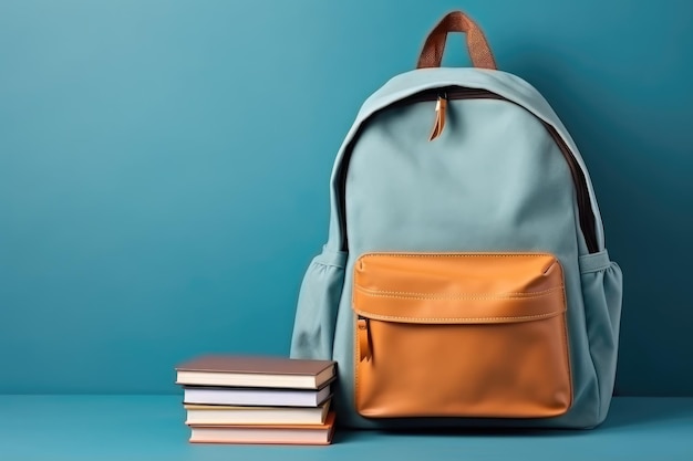 School bag and textbooks in front of a blue background Back to school concept