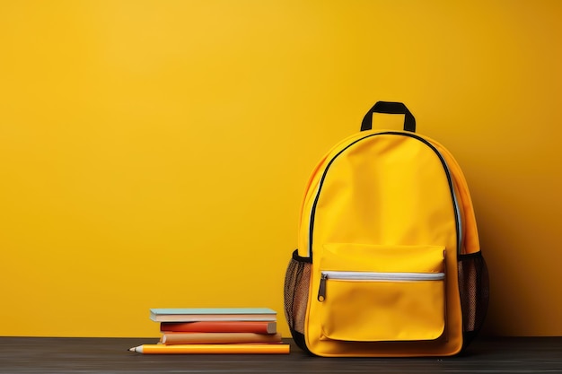 School bag and textbooks on yellow background Back to school concept