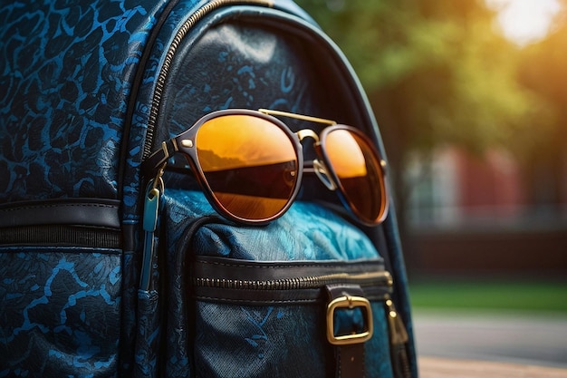 Photo a school bag with a pair of sunglasses inside