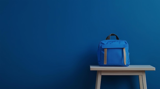 School bag on wooden table side view copy space blue background