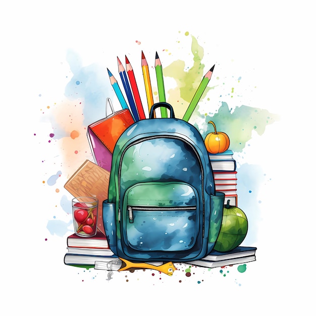 school bagpack with pencils and books