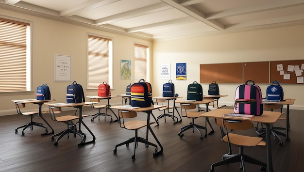 Photo school bags are lined up in a classroom with a sign that says school supplies