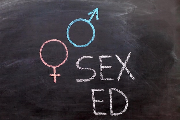 School blackboard with text SEX ED