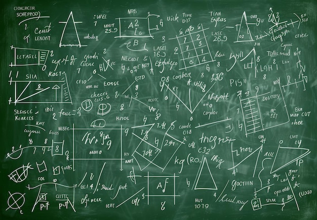 Photo school board with chalk drawing math and chemical formulas ai generated