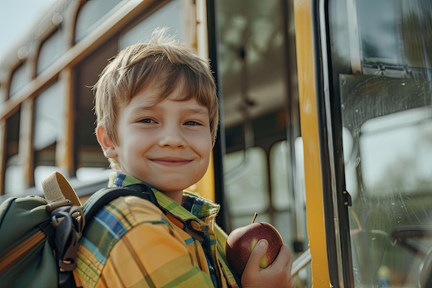 School boy at the front of the school bus with apple and bag