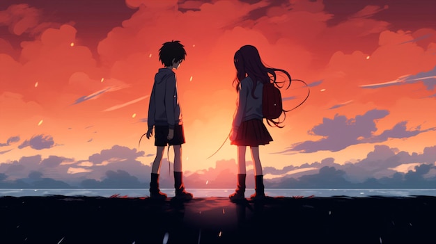 School Boy and Girl Saying Goodbye Anime Style Sad Version