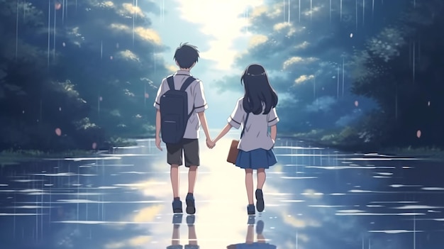 School Boy and Girl Saying Goodbye Anime Style Sad Version