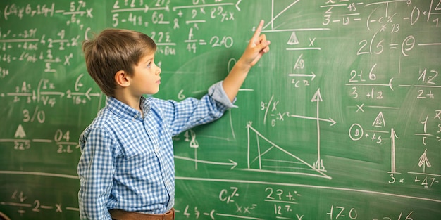 Photo school boy making math mistakes on chalkboard education concept