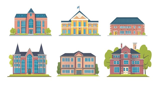 Photo school building set flat minimalistic vector illustration