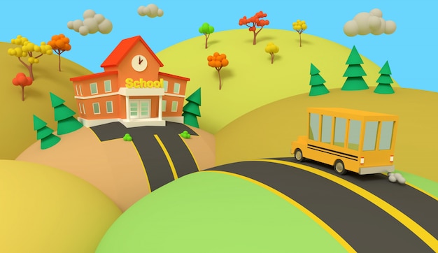 School building and yellow bus with autumn beautiful landscape. Back to school. Volumetric style illustration. 3D render.