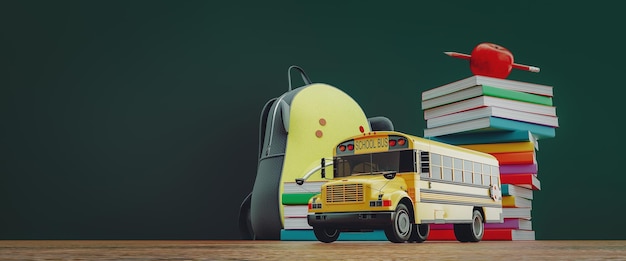 School bus and book and pencil back to school concept