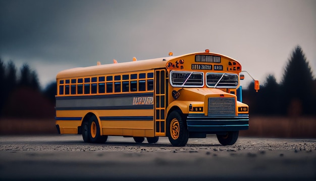 School bus driving on the country road going to school beautiful sunny day 3d rendering 3d illustration