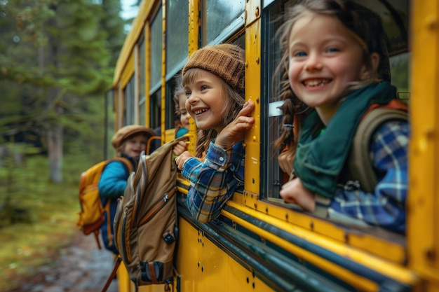 Photo school bus and happy children home education