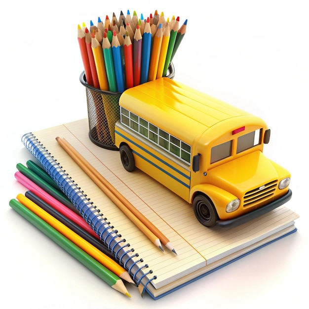 a school bus is on a book with many pencils