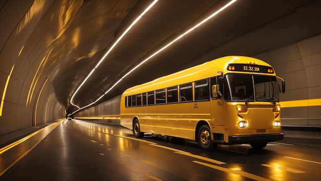 A school bus is driving in a tunnel The bus is yellow and has black windows The tunnel is dark and