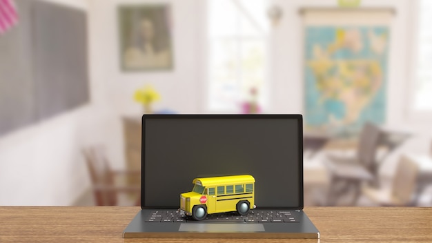 The school bus on laptop for e learning concept 3d rendering