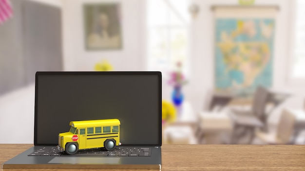 The school bus on laptop for e learning concept 3d rendering