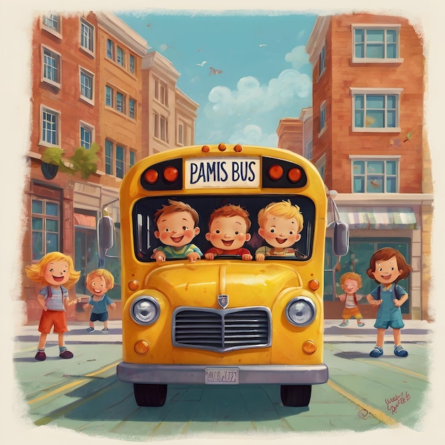 Photo school bus parked the heart of a town peeking through the windows are a bunch of cute happy babies