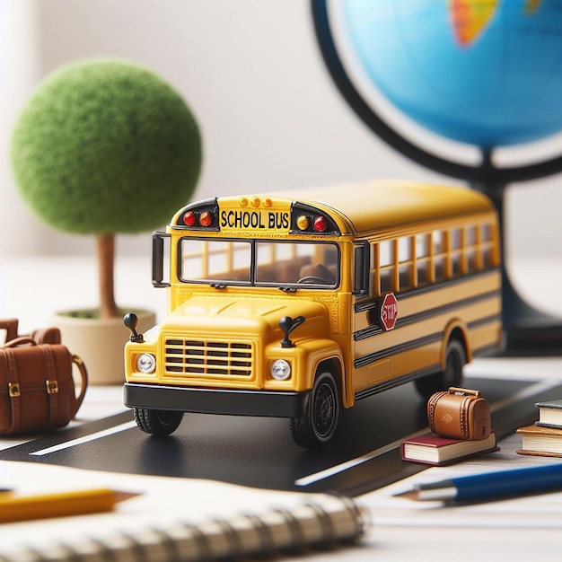 a school bus with a book on the front and a book on the table