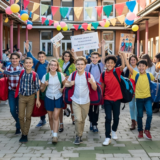 School children holding hands and going to school together